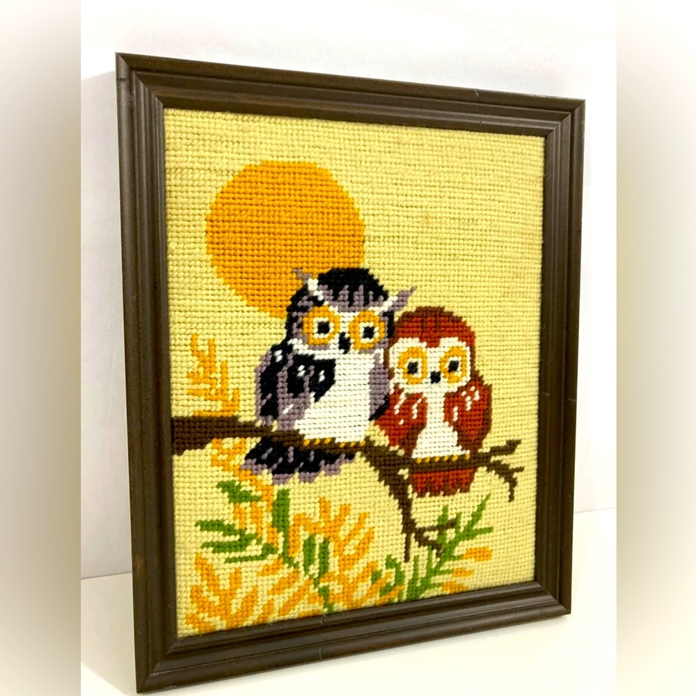 Vtg Crewel Owls In Tree Framed Needlepoint Embroidered Crewel Art Boho MCM